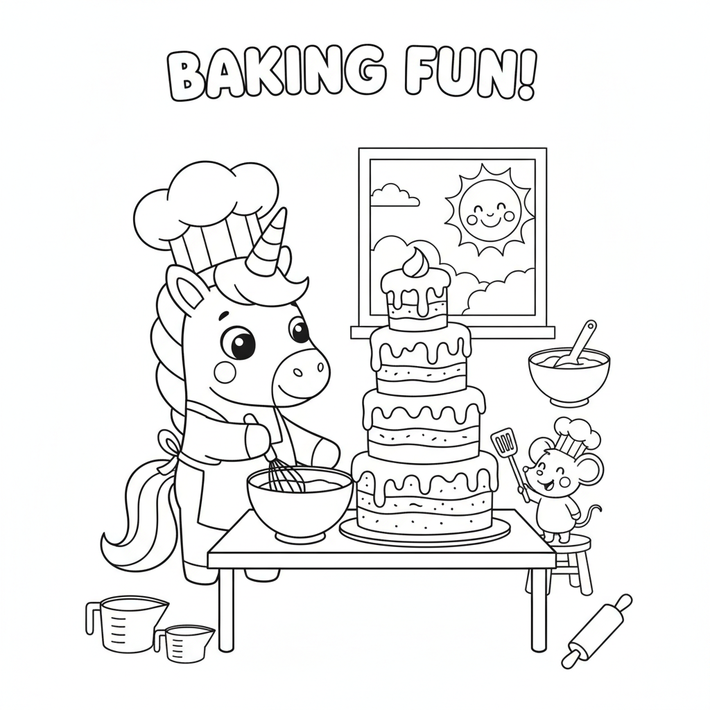 Unicorn coloring page showing a unicorn baking a tall wobbly layer cake with a mouse helper