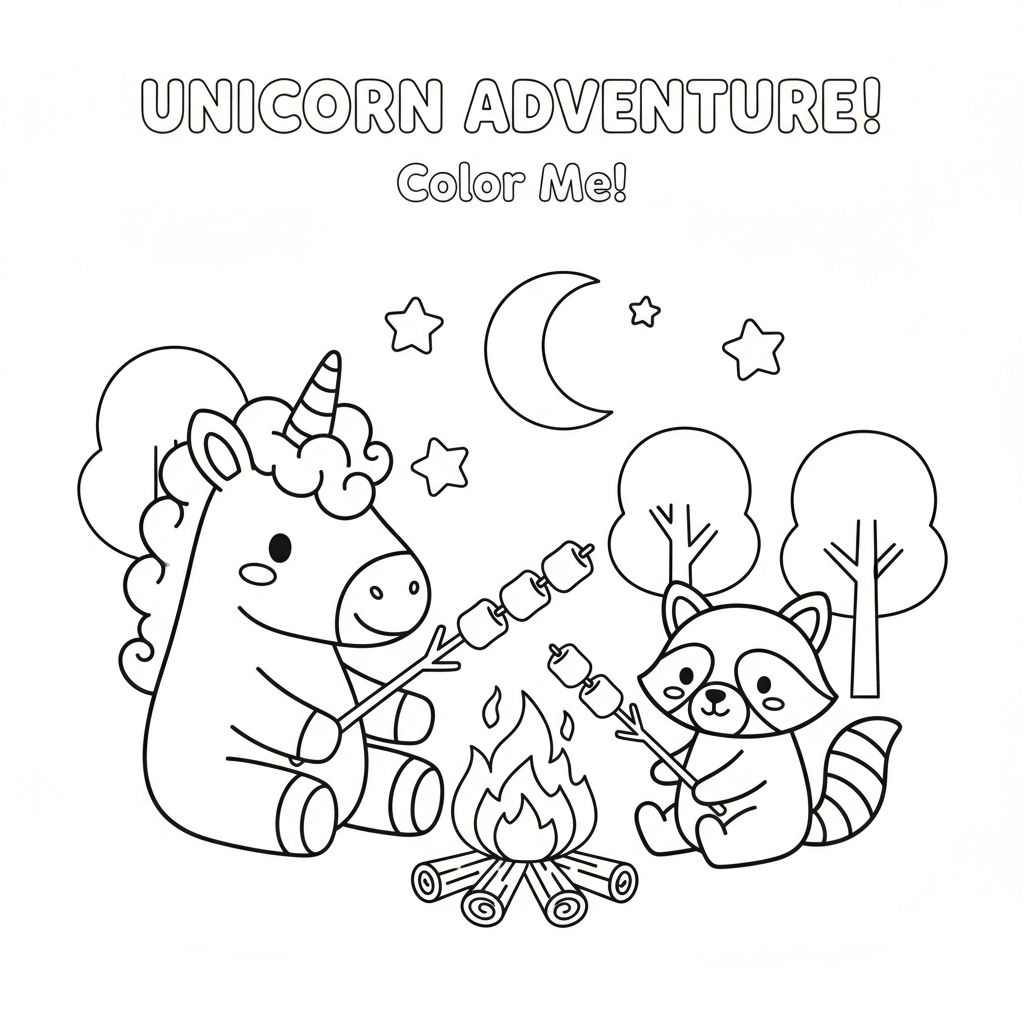 Unicorn coloring page showing a unicorn roasting marshmallows at a campfire with a raccoon friend