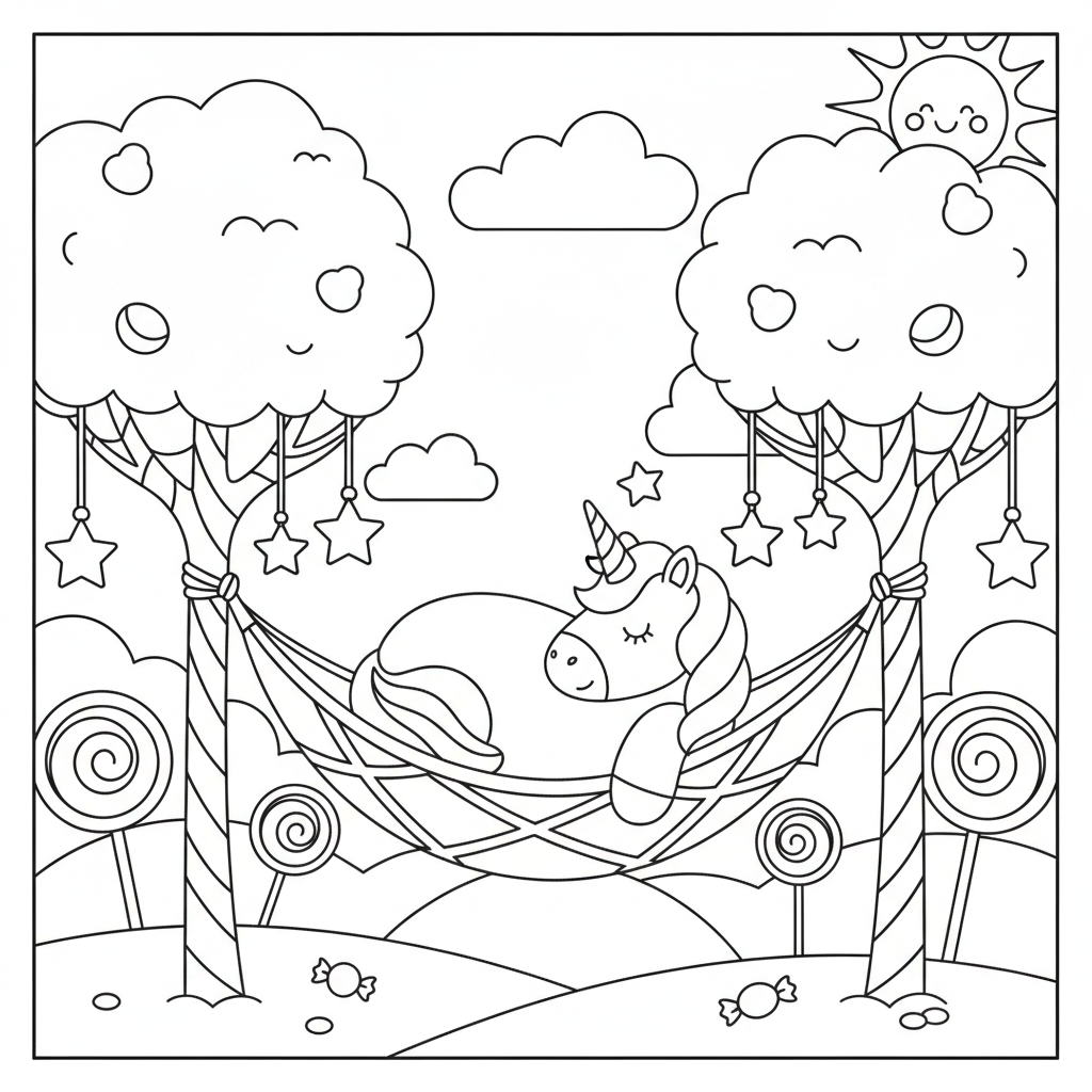 Unicorn coloring page showing a unicorn napping in a hammock strung between two candy trees