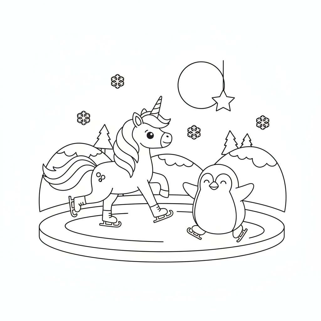 Unicorn coloring page showing a unicorn ice skating on a frozen pond with a penguin