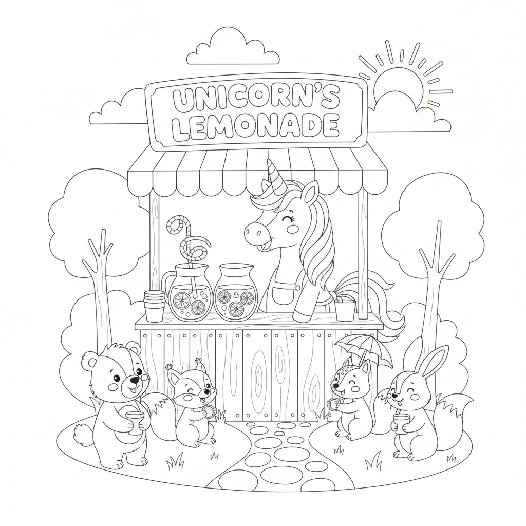 Unicorn coloring page showing a unicorn running a lemonade stand for forest animals