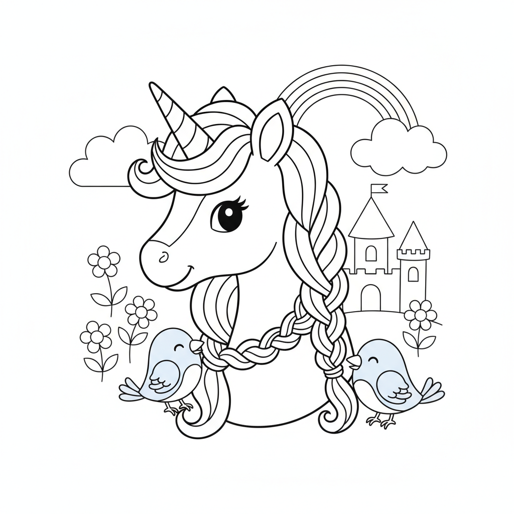 Unicorn coloring page showing a unicorn getting its mane braided by two helpful bluebirds
