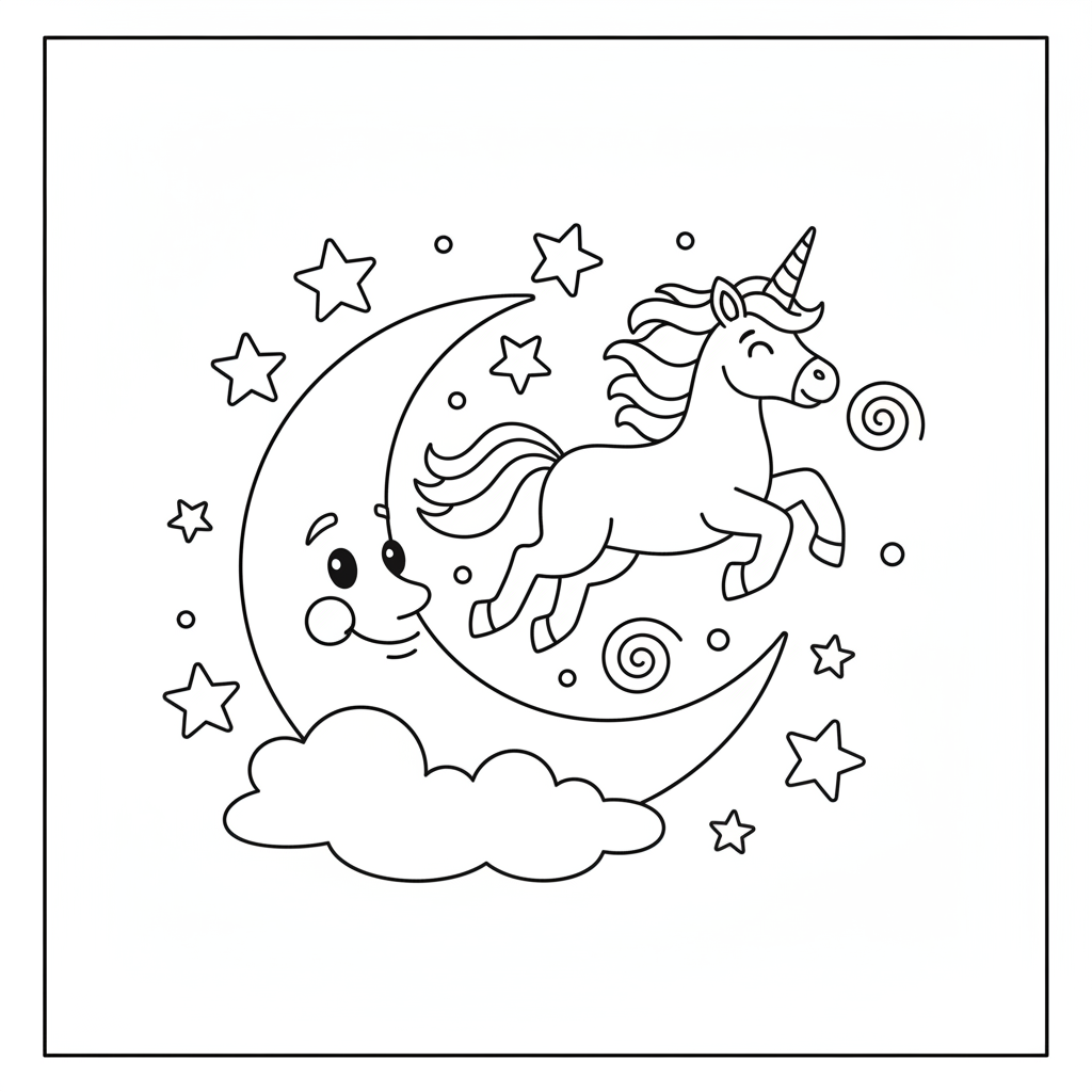 Unicorn coloring page showing a unicorn leaping over a crescent moon surrounded by stars