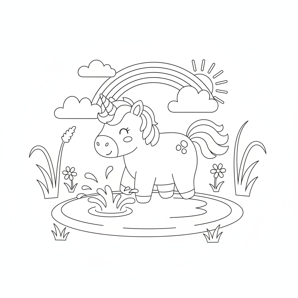 Unicorn coloring page showing a baby unicorn splashing in a puddle under a rainbow