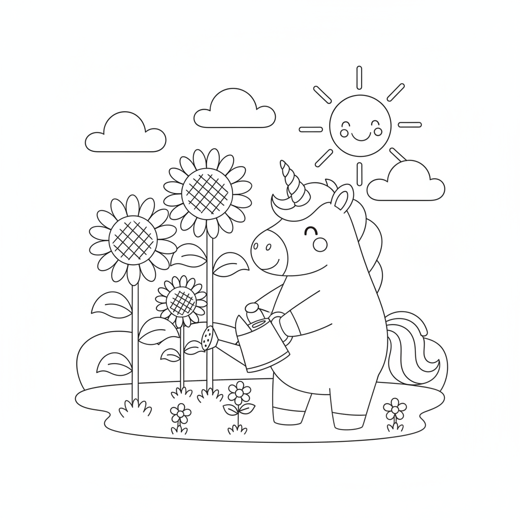Unicorn coloring page showing a unicorn watering a garden of giant sunflowers