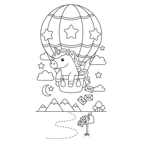 Unicorn coloring page: a unicorn delivering letters from a hot air balloon