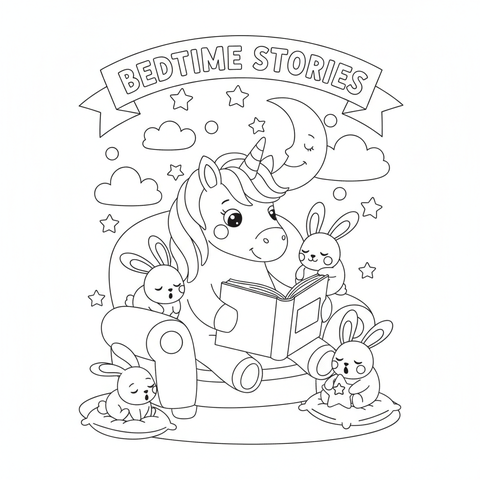 Unicorn coloring page: a unicorn reading a bedtime story to three sleepy bunnies