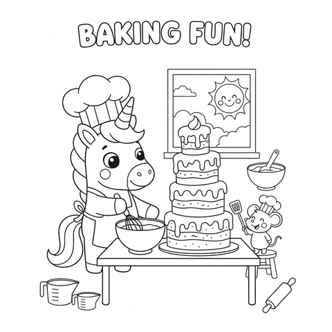 Unicorn coloring page: a unicorn baking a tall wobbly layer cake with a mouse helper