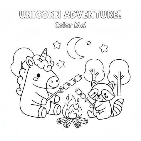 Unicorn coloring page: a unicorn roasting marshmallows at a campfire with a raccoon friend