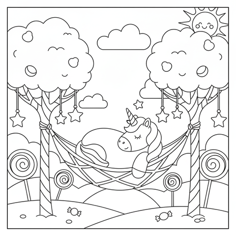 Unicorn coloring page: a unicorn napping in a hammock strung between two candy trees
