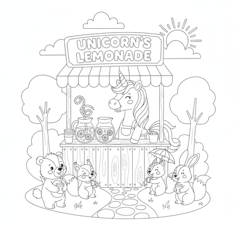 Unicorn coloring page: a unicorn running a lemonade stand for forest animals