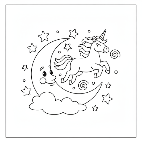 Unicorn coloring page: a unicorn leaping over a crescent moon surrounded by stars