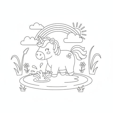 Unicorn coloring page: a baby unicorn splashing in a puddle under a rainbow