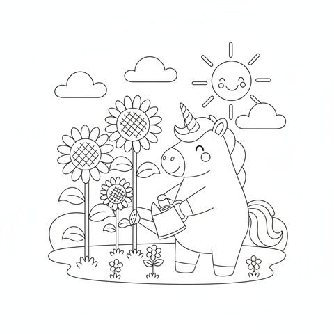 Unicorn coloring page: a unicorn watering a garden of giant sunflowers