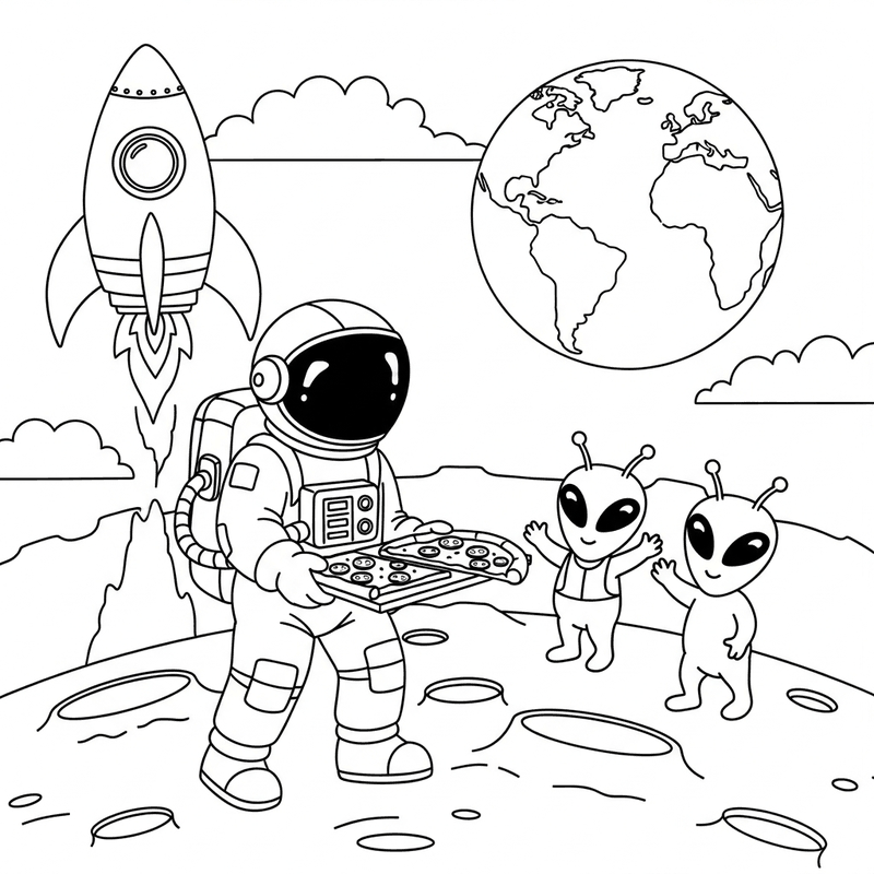 Generated coloring page: an astronaut delivering pizza to happy aliens on the moon