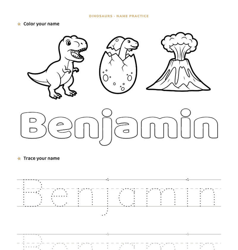 Generated name-practice worksheet: color and trace the name Benjamin, decorated with dinosaurs