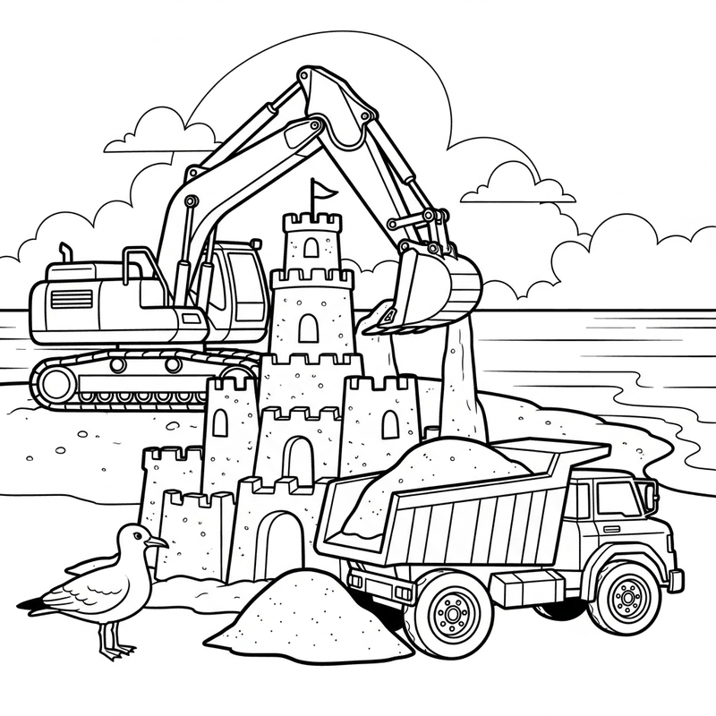 Generated coloring page: an excavator building a giant sandcastle on the beach beside a dump truck
