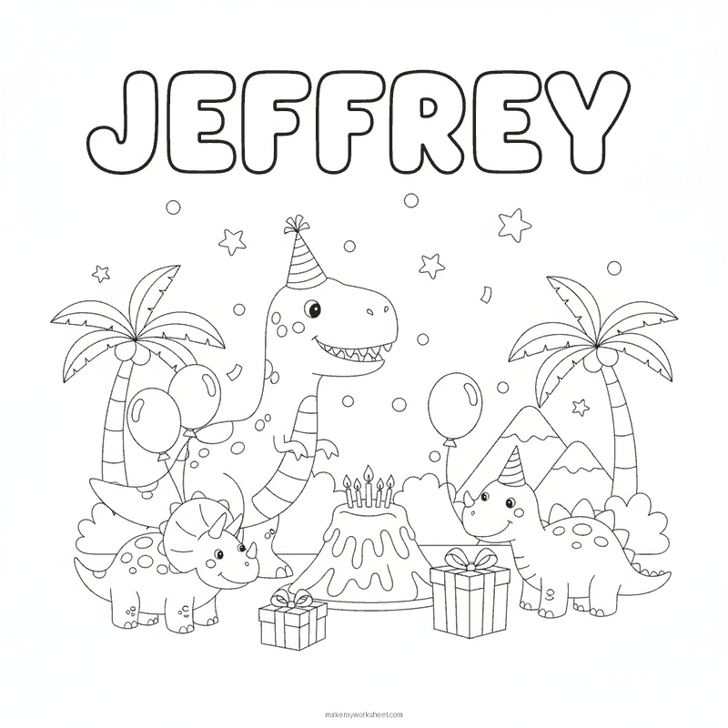 Generated coloring page: dinosaurs in party hats around a volcano cake, with the name JEFFREY in bubble letters