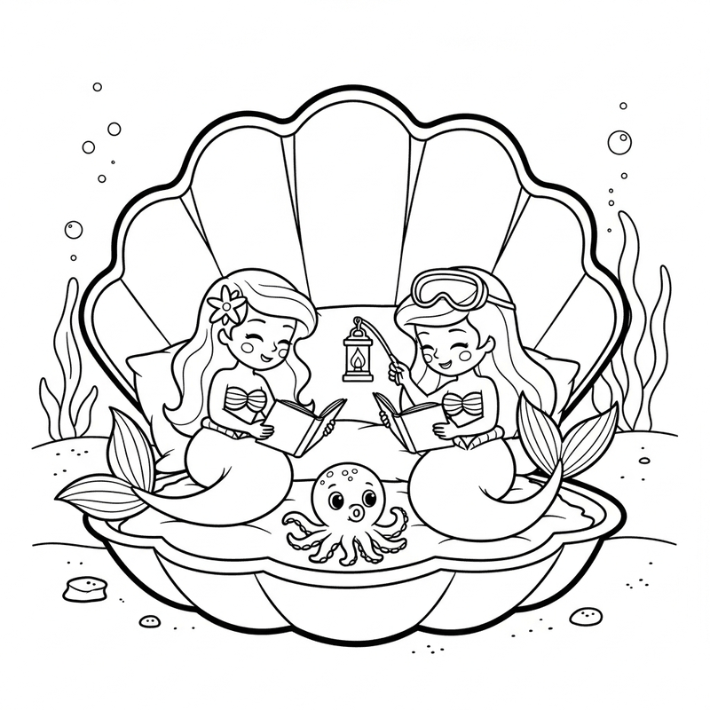 Generated coloring page: two mermaids having a sleepover inside a giant seashell with a baby octopus