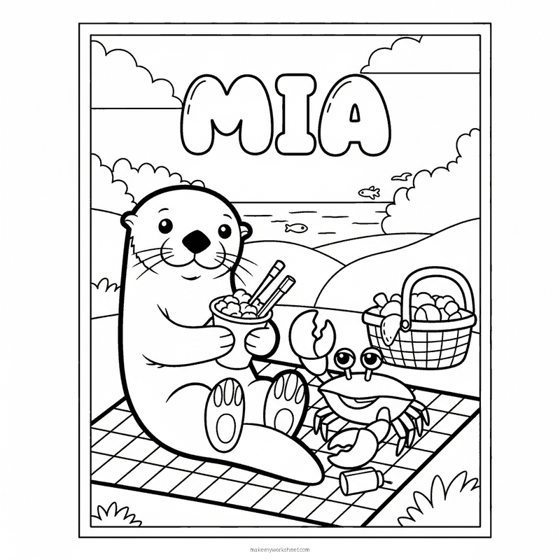 Generated coloring page: a sea otter sharing a beach picnic with a crab, with the name MIA in bubble letters