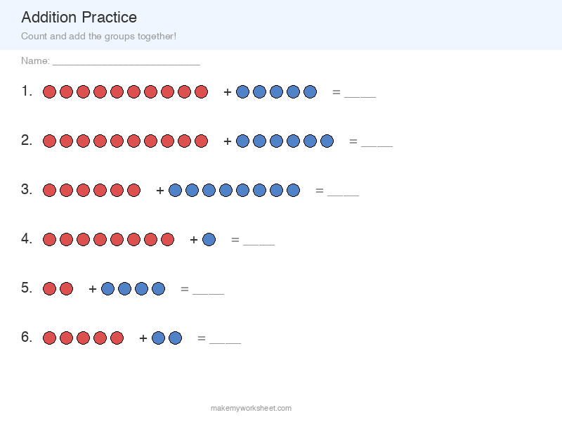 Addition within 20 worksheet preview with counter-based addition problems