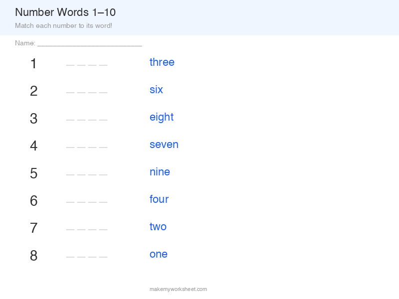 Number words 1 to 10 matching worksheet preview