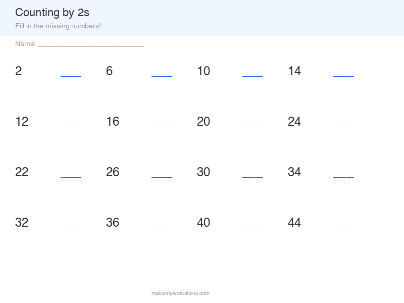 Skip counting by 2s worksheet preview with number sequences