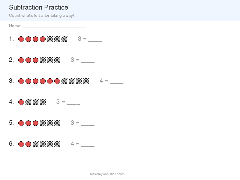 Subtraction within 10 worksheet preview showing take-away problems