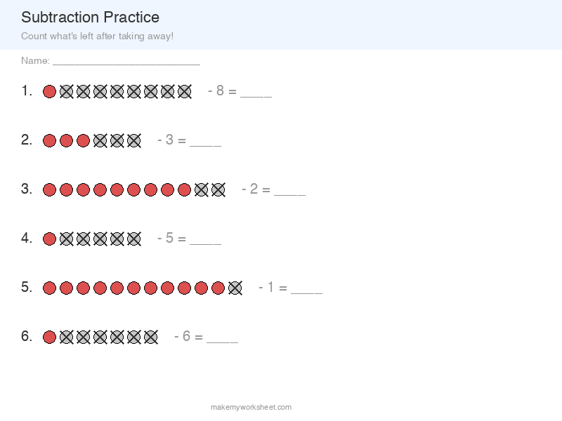 Subtraction within 20 worksheet preview with crossed-out counters