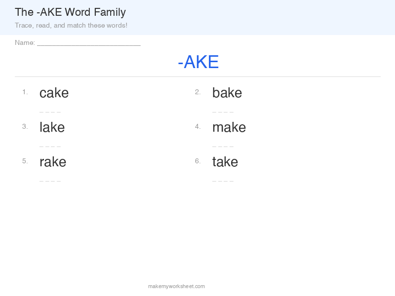 AKE word family worksheet preview with long vowel words
