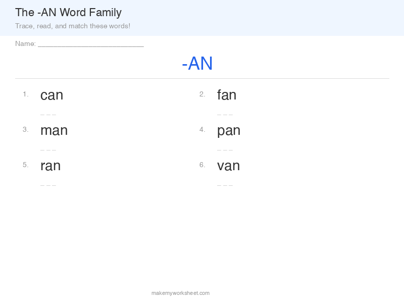AN word family worksheet preview with phonics practice