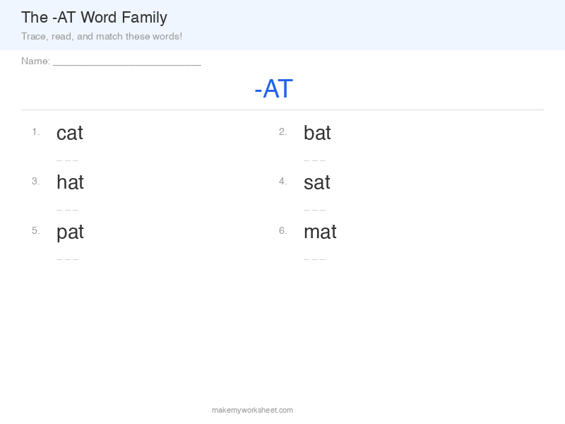 AT word family worksheet preview with rhyming words