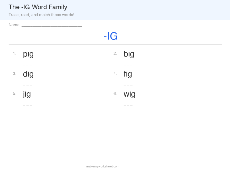 IG word family worksheet preview with word building