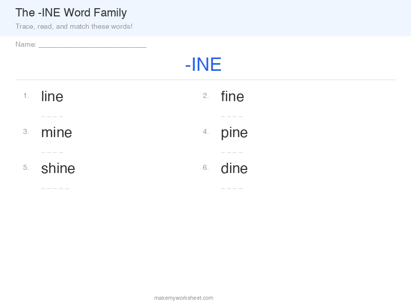 INE word family worksheet preview with phonics practice
