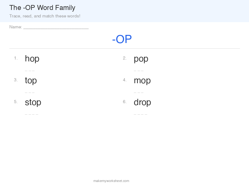 OP word family worksheet preview with rhyming words