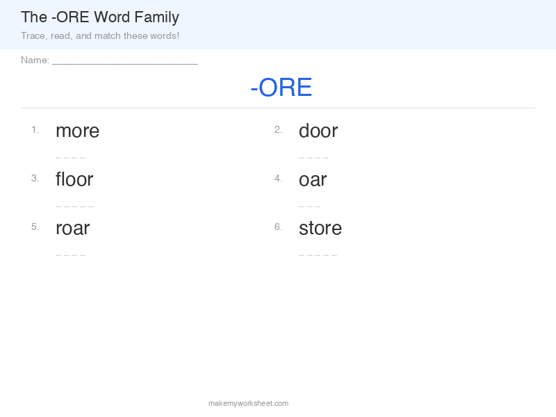 ORE word family worksheet preview with r-controlled vowels