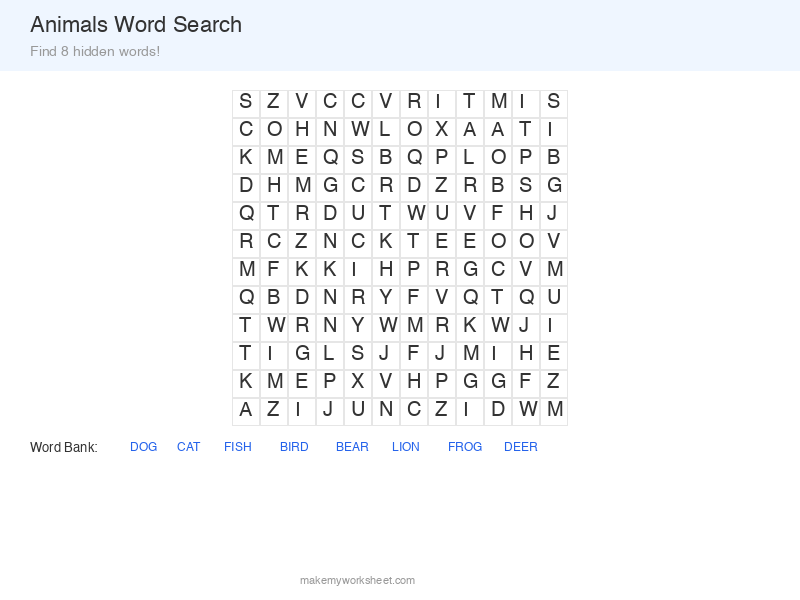 Animals word search puzzle preview grid