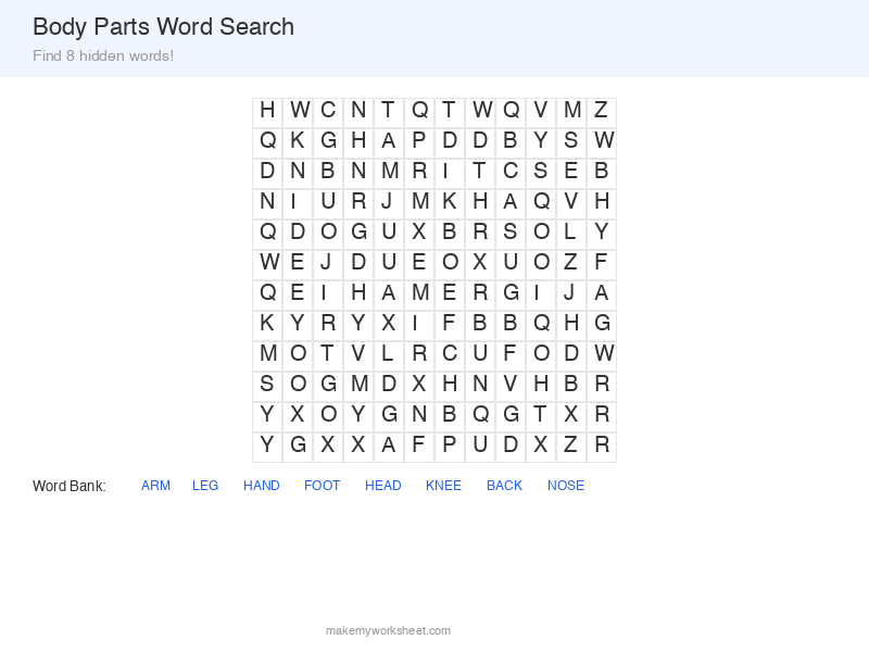 Body parts word search puzzle preview