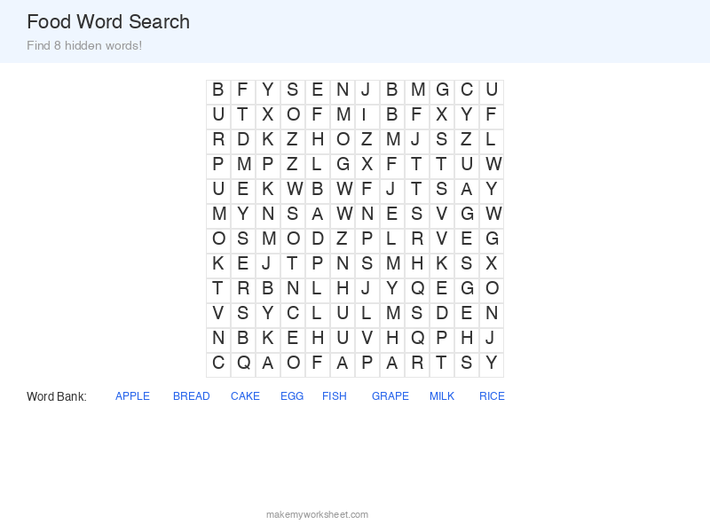 Food word search puzzle preview with vocabulary words