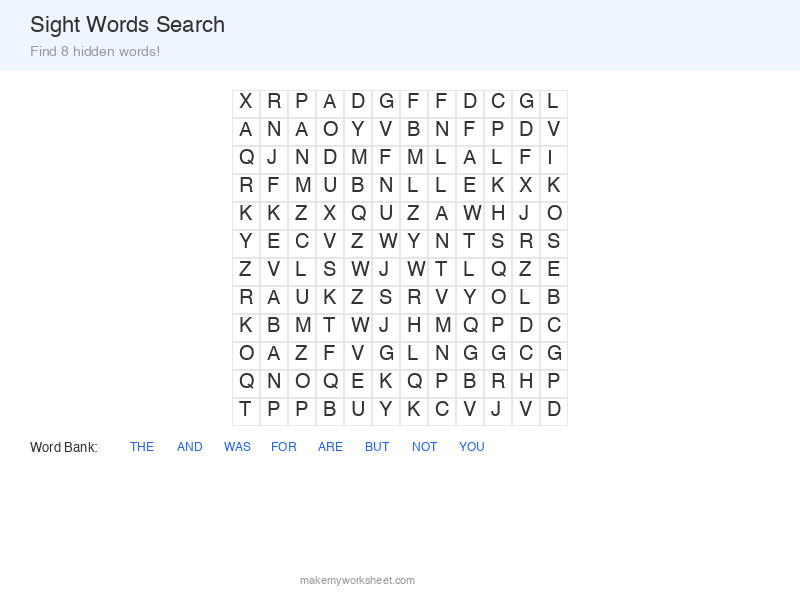 Sight words word search puzzle preview for early readers