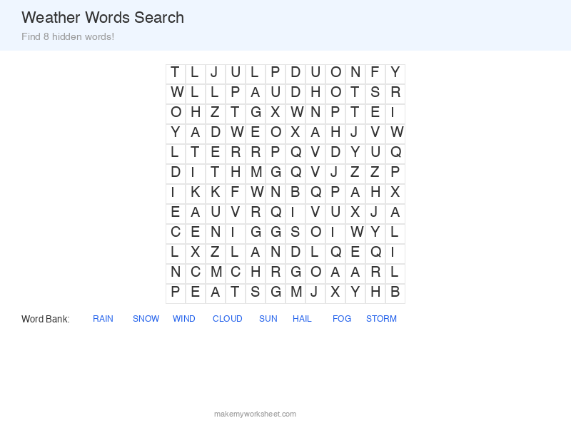 Weather words word search puzzle preview